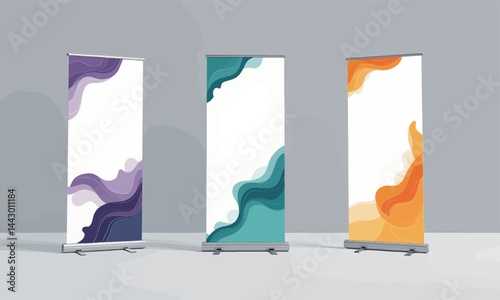 Three Abstract Roll-Up Banner Stands on Gray