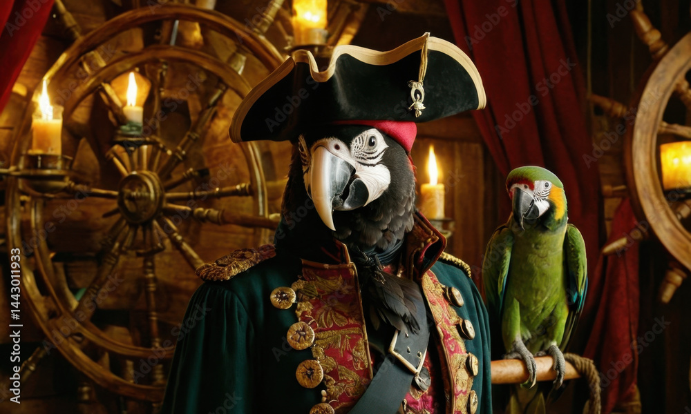 A person dressed as a pirate holds a colorful parrot on their shoulder, ready for adventure