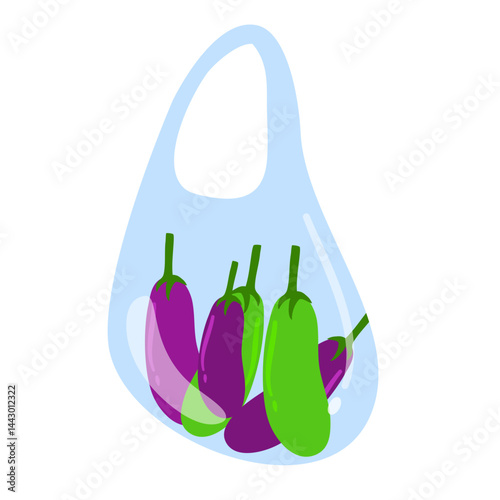 Eggplants in a Plastic Bag - Groceries Illustration