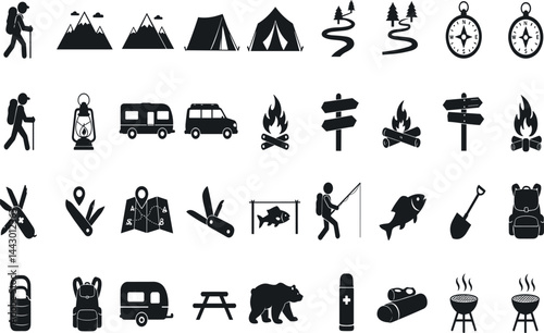 Camping, outdoor adventure icon set. Vector glyph pictograms of eco-tourism, tent, backpack, campfire, compass, kayak, hiking, travel
