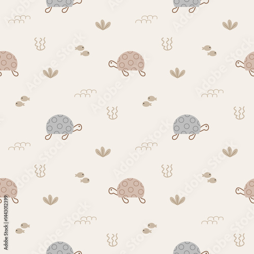 Turtle cartoon so cute. On seaweed fish background. Pattern seamless vector illustration. 