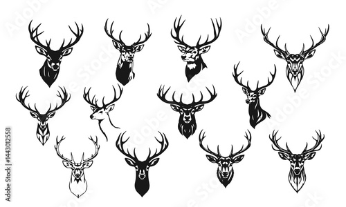 Set of deer head silhouettes, vector illustration of deer muzzle, wild animal design, deer logo
