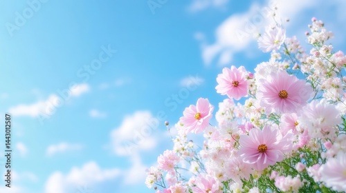 Cosmos Flowers White Gypsophila Soft Pastel Style High Definition Bright Sunlight Diagonal Close Up View Delicate Petals Spring Bloom Sunny Sky Light Pink Serene Ideal for Springtime Greetings