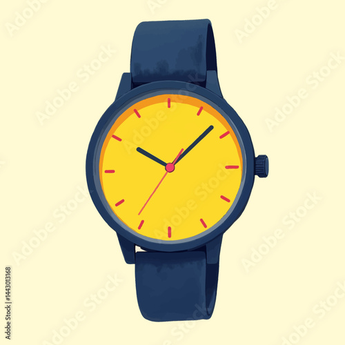 Stylish blue wristwatch with a bright yellow face