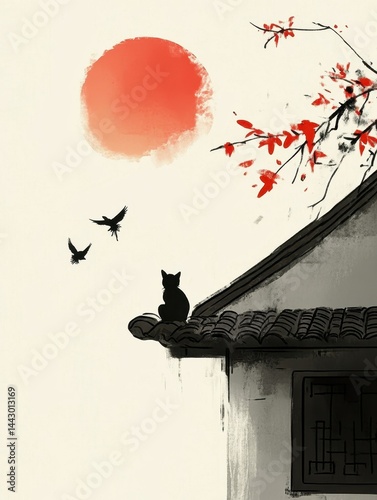 A cat sitting on a rooftop under a red sun