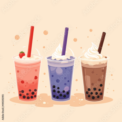 Strawberry, Taro, Chocolate Bubble Tea Drinks with Whipped Cream