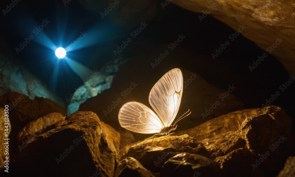 A colorful butterfly perched on rocky terrain, natural environment