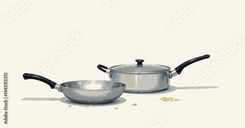 Stainless steel frying pan and covered saucepan with food bits