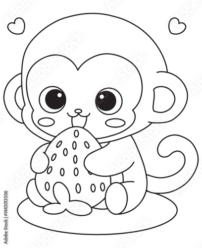 Coloring book monkey lovingly holding a strawberry with hearts around