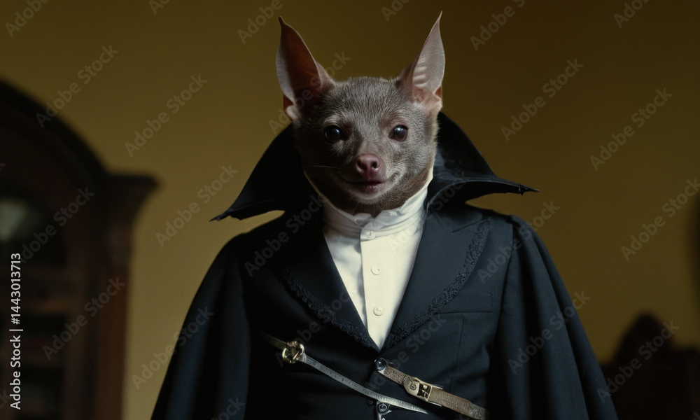 A man dressed in a bat costume standing still, possibly for a performance or photo shoot