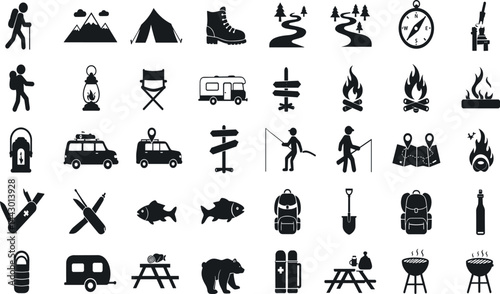 Camping, outdoor adventure icon set. Vector glyph pictograms of eco-tourism, tent, backpack, campfire, compass, kayak, hiking, travel