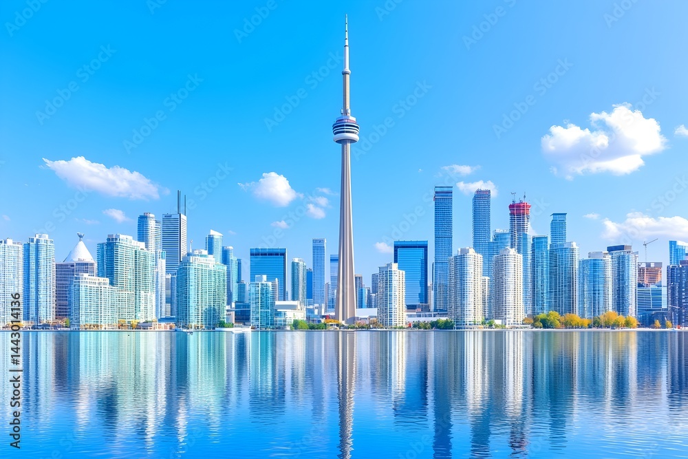Fototapeta premium Stunning cityscape reflected in calm water under a vibrant blue sky