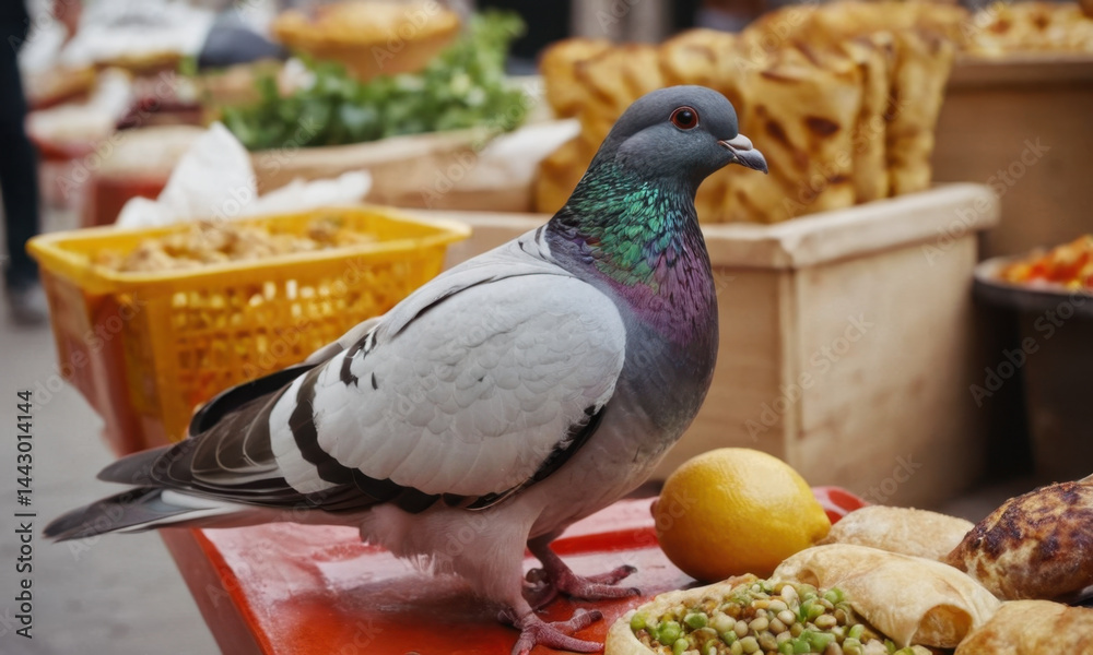 A pigeon perched on a table with food in the background, perfect for use in scenes about wildlife, nature, or urban life