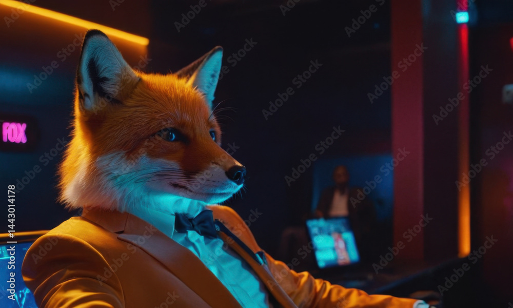 A clever fox in a business suit sits at a desk, surrounded by office supplies