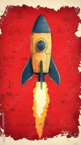 Rocketship launches into space a retro graphic art style with an orange and red background