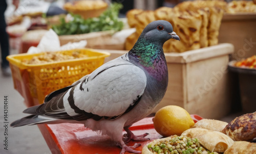 Obraz na płótnie A pigeon perched on a table with food in the background, perfect for use in scenes about wildlife, nature, or urban life w salonie