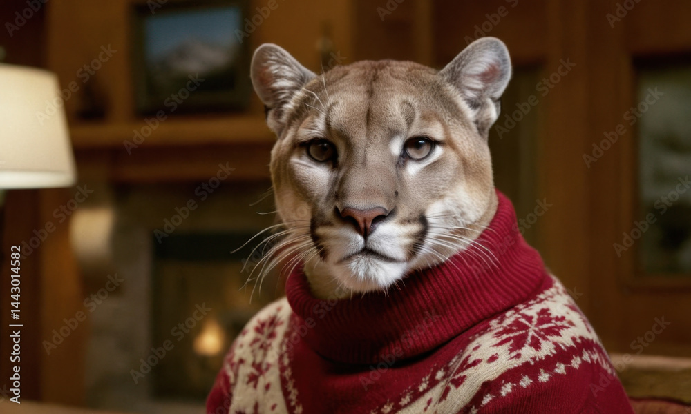 A cat's face with a warm and cozy sweater on, ideal for use in pet-related content