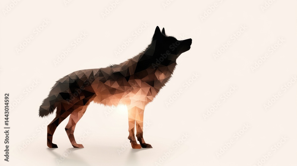 Naklejka premium Abstract geometric wolf silhouette, profile view, with sun rays