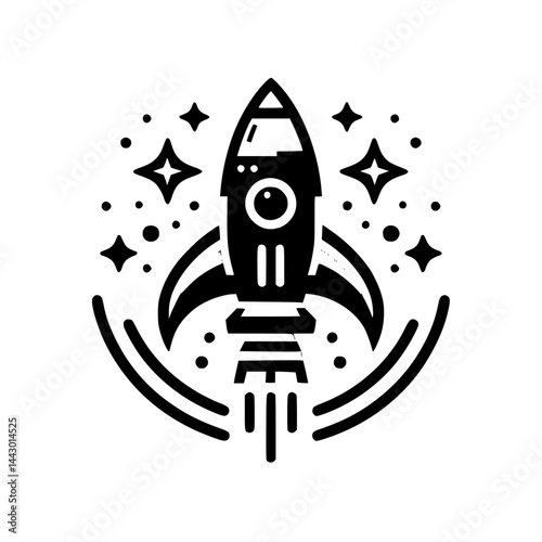 Geometric black and white startup launch icon with stars and energy trail