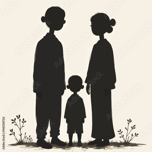 Silhouette of a family with a child in neutral tones
