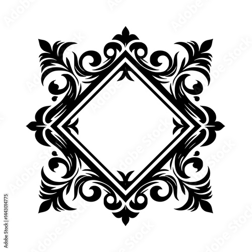 Ornate Black & White Vintage Floral Frame in Diamond Shape, Elegant Graphic Design Element