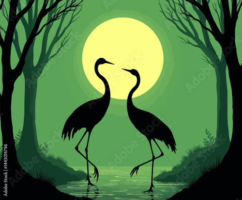 Silhouette Cranes Courtship Moonlit Green Water
