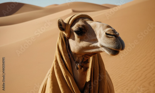 Obraz na płótnie A camel wearing a blanket in the desert, suitable for use in travel or adventure-themed content w salonie