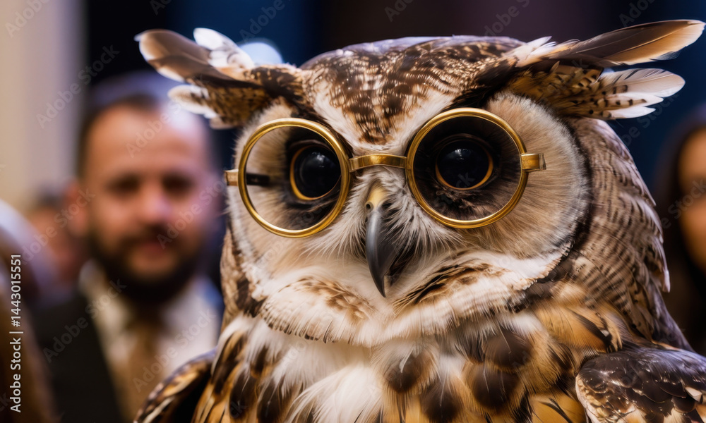 A close-up shot of an owl wearing glasses, great for using as a symbol of wisdom and intelligence in various contexts