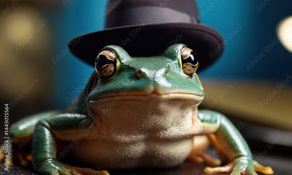 A frog perched on a table, adorned with a top hat