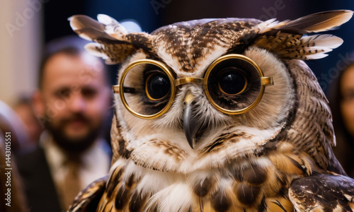 A close-up shot of an owl wearing glasses, great for using as a symbol of wisdom and intelligence in various contexts