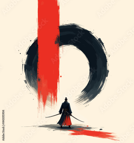 Samurai with Dual Swords and Enso Circle Art