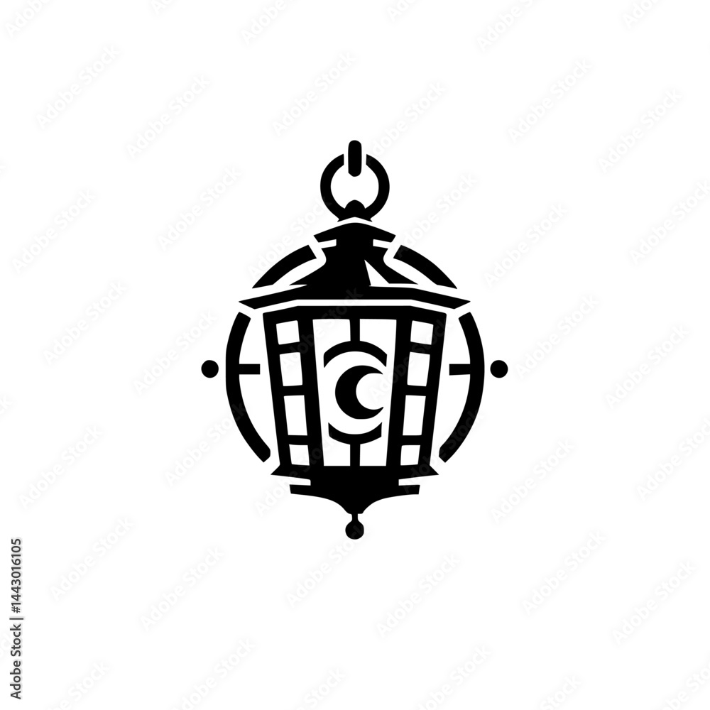 Fototapeta premium Vintage Graphic Black Lantern Icon with Crescent Moon Symbol for Night Light or Mystic Concepts