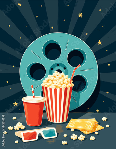 Retro Movie Night: Film Reel, Popcorn, and 3D Glasses