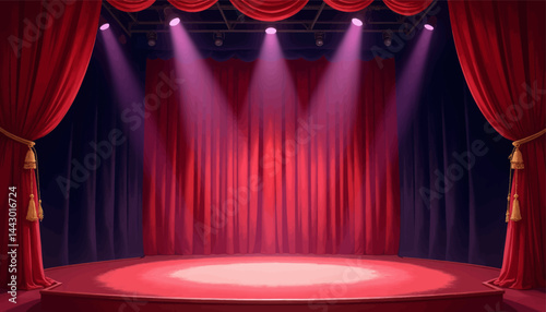 Red Stage Curtains with Spotlight Illumination