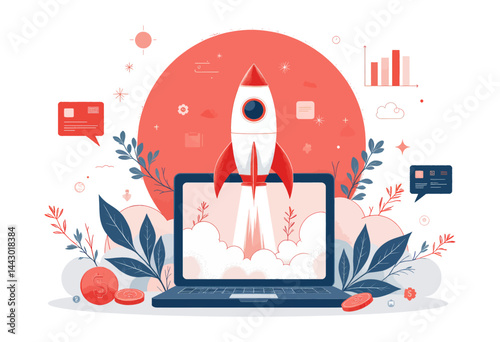Red and Blue Rocket Launching from Laptop Screen