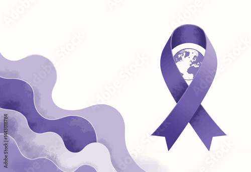 Purple ribbon with earth inside, abstract waves on white