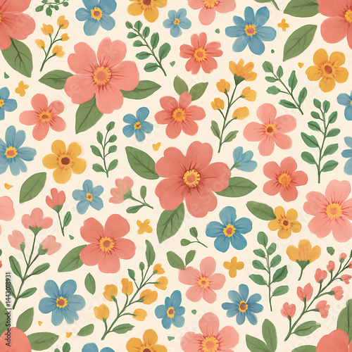 Seamless Floral Pattern with Colorful Blooms and Leaves on a Soft Background, Ideal for Wrapping Paper, Textiles, and Decorative Projects