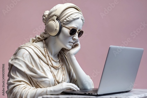 Modern adaptation of a classical sculpture engaged with technology in a creative setting