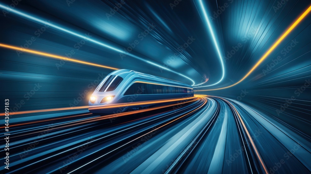 High-Speed Train Moving Through Futuristic Tunnel with Dynamic Lights