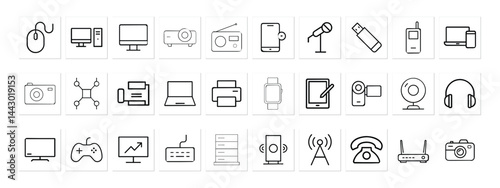 "Technology and Electronic Device Line Icons – Vector Set of Gadgets and Accessories