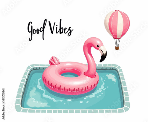 Pool with Flamingo Float, Hot Air Balloon, and 