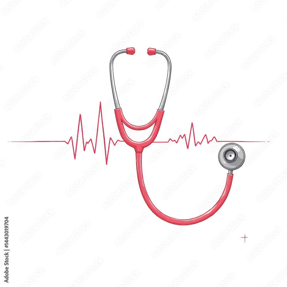 Pink stethoscope with heartbeat line art on white