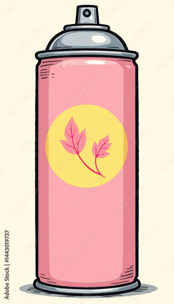 Pink spray can with leaves on yellow circle