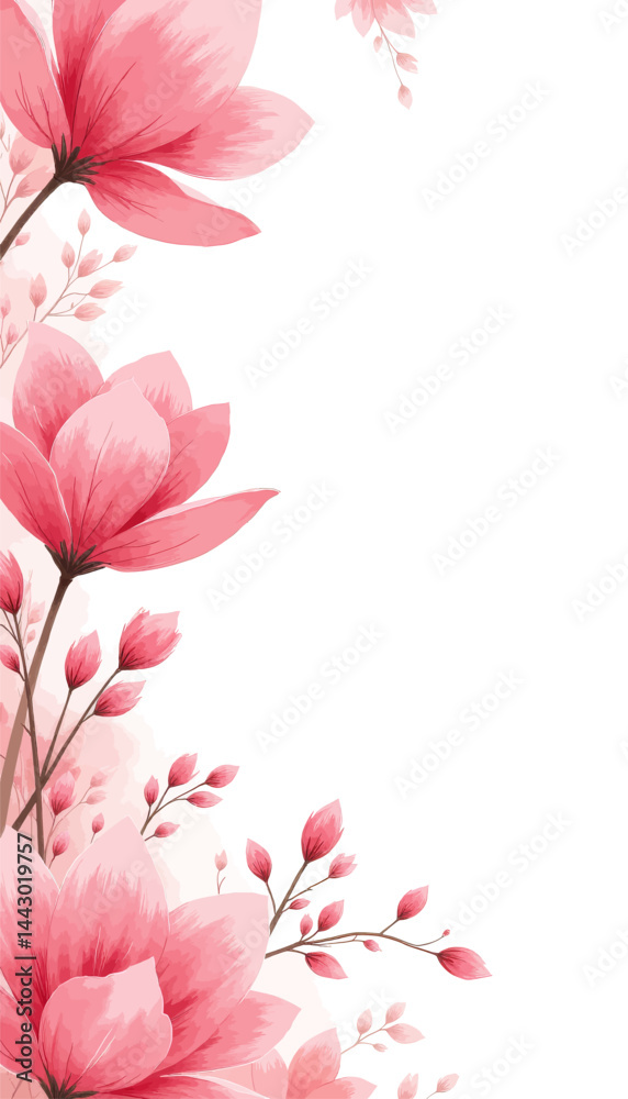 Pink Magnolia Floral Corner Border on White