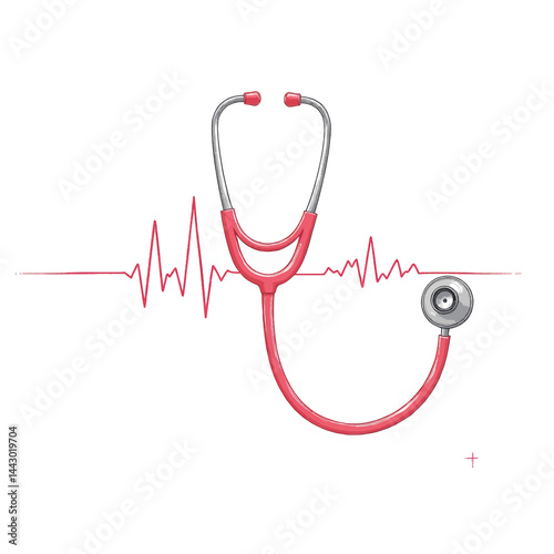 Obraz na płótnie Pink stethoscope with heartbeat line art on white w salonie
