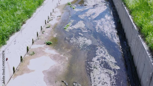 Polluted Concrete Drainage Canal with Algae and Stagnant Water – Drone Shot