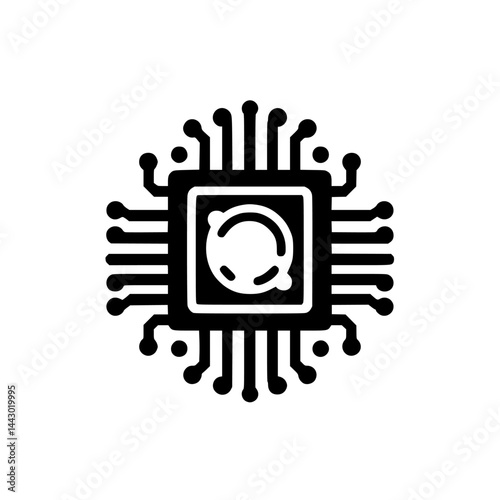 Minimalist Black & White Computer Chip Icon with Quantum Element - Digital Technology Graphic