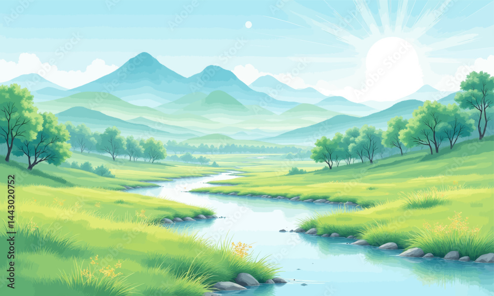 Pastoral Landscape with River, Mountains, and Shining Sun
