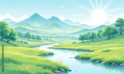 Obraz na płótnie Pastoral Landscape with River, Mountains, and Shining Sun w salonie