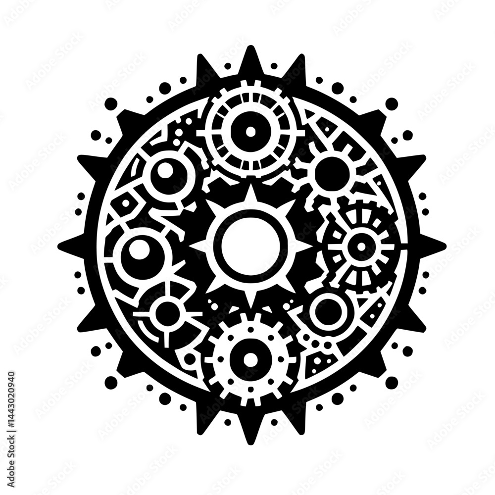 Intricate Mechanical Gear Symbol Illustration. Abstract black and white circular technical design element with complex clockwork details.